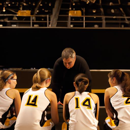 The coach of the Iowa women's basketball team strategizing with players before a pivotal game.