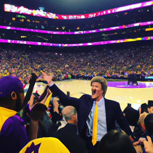 Will Ferrell engaging in a playful exchange with Lakers fans during halftime.